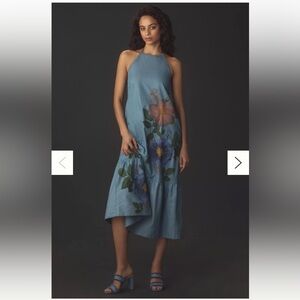 New Anthropologie Pilcro Halter Denim Embroidered Midi Floral Smocked Dress M